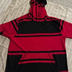 Red and Black Striped Men's hooded shirt Sz M